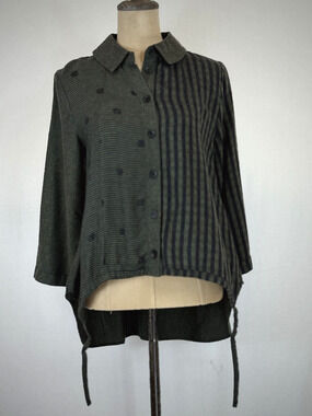 NWT Sassy #13602 Green & Black Striped Woven Button Up Top 3/4 Sleeves #0240
